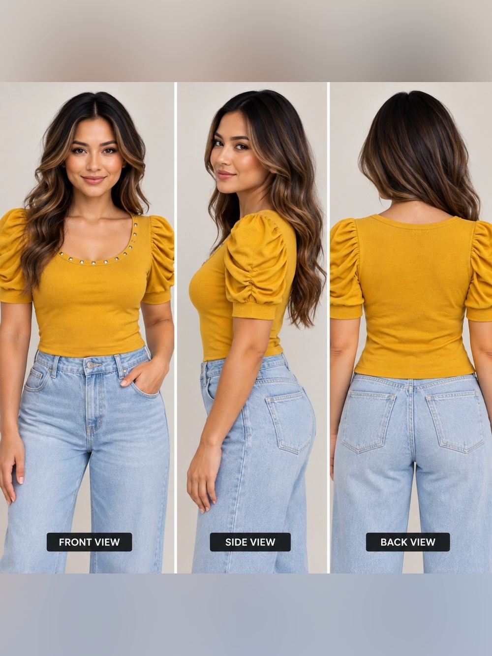 BYdesign Mustard Gold Puff Sleeve Studded Scoop Neck Knit Top XL - Picture 1 of 11